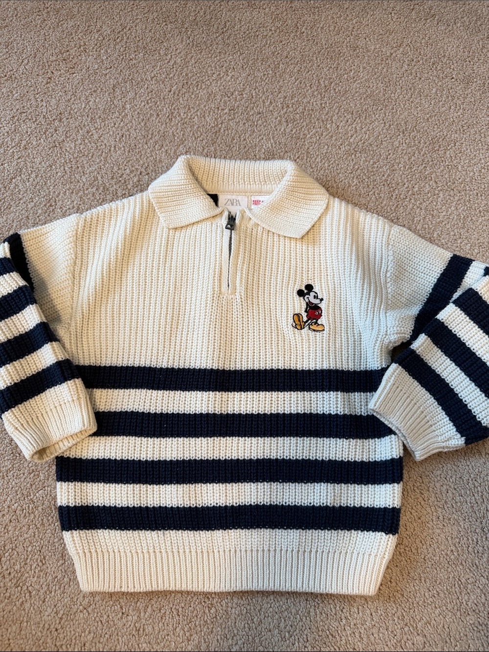 Zara Cream and Navy Striped Zip Polo Sweater with Mickey Embroidery
